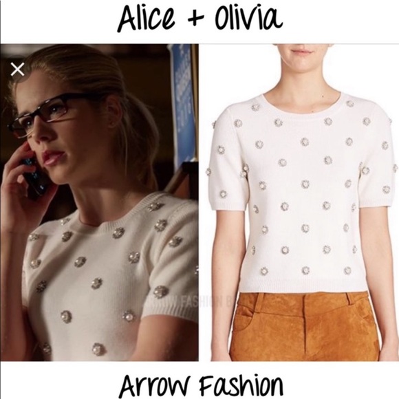 Alice + Olivia cream white “Bay” pearl/rhinestone cropped shortsleeve sweater XS - Picture 2 of 7